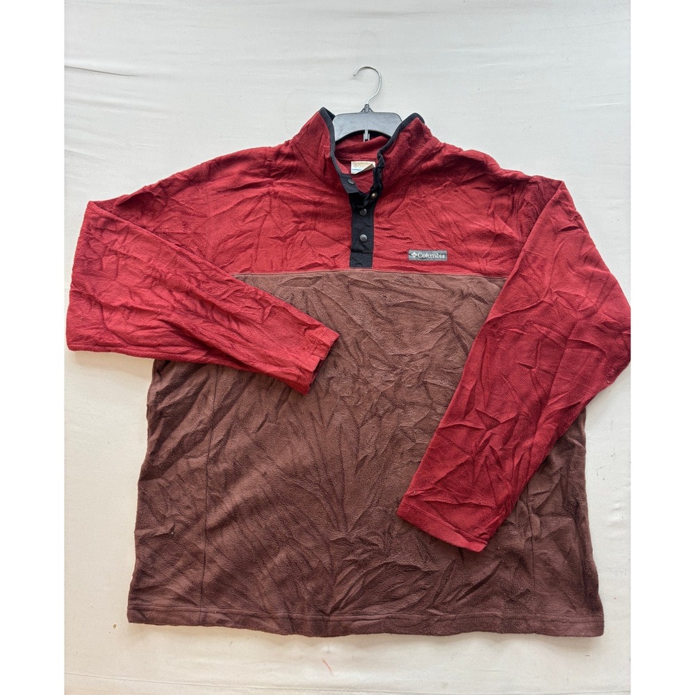 Columbia Mens XXL Fleece Pullover Red Brown Colorblock Snap Neck Mock Neck Top